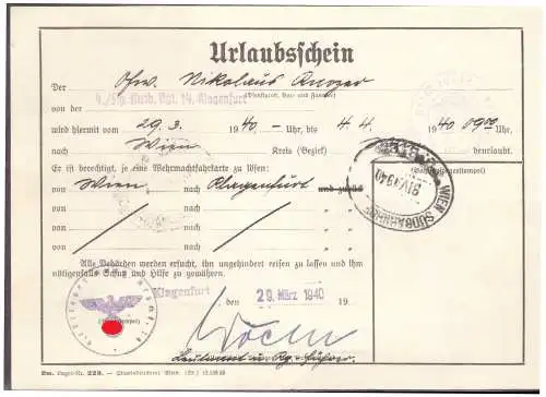 Dt- Reich (020299) Urlaubschein 4./FLG Ausb.Rgt 14, Klagenfurt vom 29.3.1940