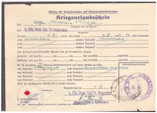 Dt- Reich (020304) Kriegsurlaubschein 4./FLG Ausb.Rgt 14, Klagenfurt vom 1.11.1940