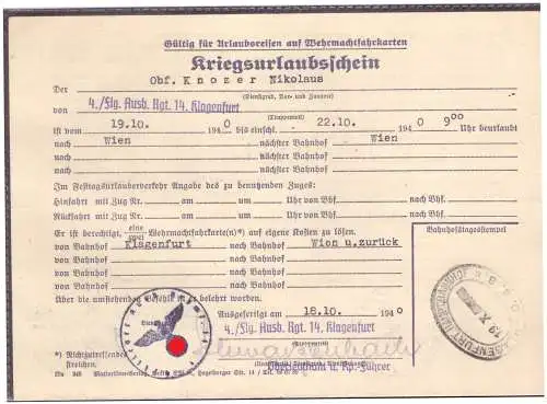 Dt- Reich (020306) Kriegsurlaubschein 4./FLG Ausb.Rgt 14, Klagenfurt vom 18.10.1940