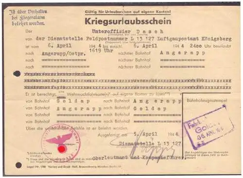 Dt- Reich (020308) Kriegsurlaubschein FPNR L13127 Luftgauamt Königsberg vom 5.4.1944