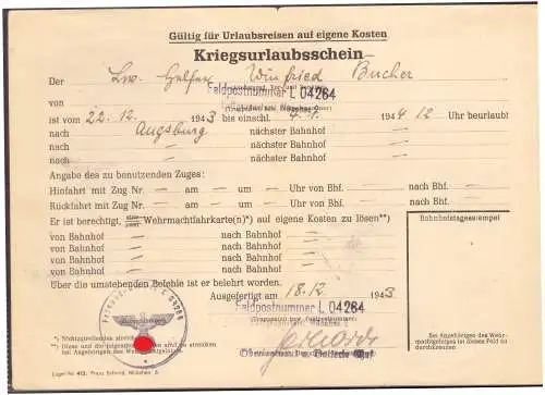 Dt- Reich (020310) Kriegsurlaubschein FPNR L 04264 vom 8.12.1943