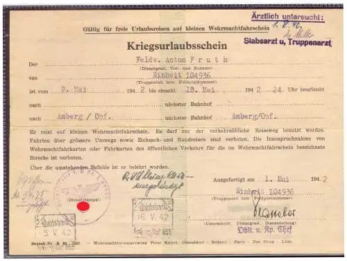 Dt- Reich (020311) Kriegsurlaubschein FPNR L 04936 vom 1.5.1942