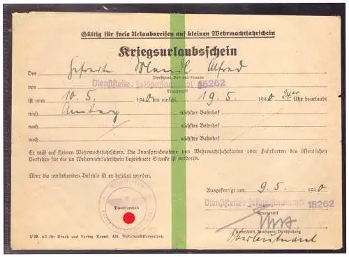 Dt- Reich (020312) Kriegsurlaubschein FPNR 15262 vom 9.5.1940