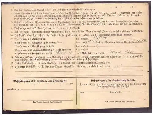 Dt- Reich (020312) Kriegsurlaubschein FPNR 15262 vom 9.5.1940