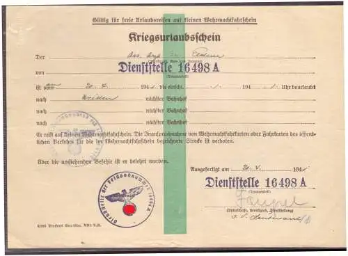 Dt- Reich (020314) Kriegsurlaubschein Dienststelle 16498A vom 20.4.1941