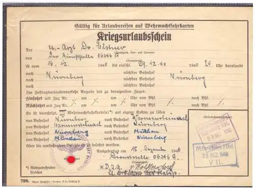 Dt- Reich (020315) Kriegsurlaubschein Dienststelle 06346A vom 15.12.1940