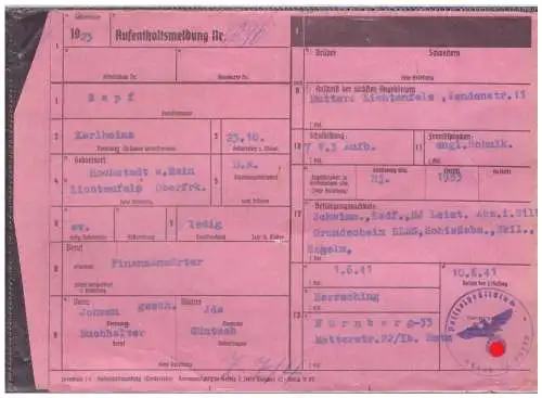 Dt- Reich (020318) Aufenthaltsmeldung für Nürnberg vom 10.6.1941
