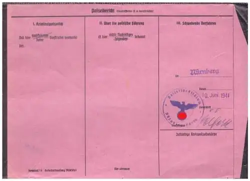Dt- Reich (020318) Aufenthaltsmeldung für Nürnberg vom 10.6.1941