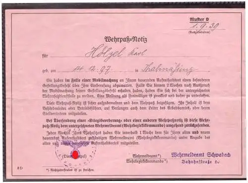 Dt- Reich (020320) Wehrpass= Notiz von Wehrmeldeamt Schwabach vom 1.9.1939!! Beginn des II Weltkriegs