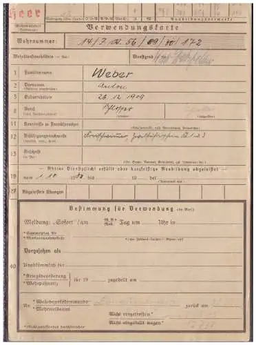 Dt- Reich (020330) Verwendungskarte Heer Donaueschingen vom 25.8.1943