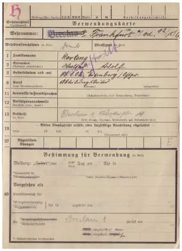 Dt- Reich (020331) Verwendungskarte Heer Breslau von 1937