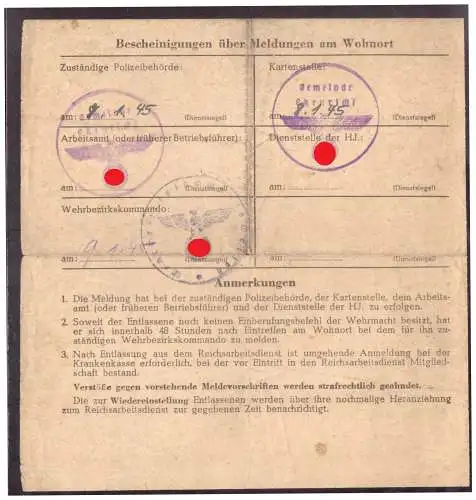 Dt- Reich (020335) Reichsarbeitsdienst- Entlassungsschein später Termin Rad Abt 7/280, vom 7.1.1945!!