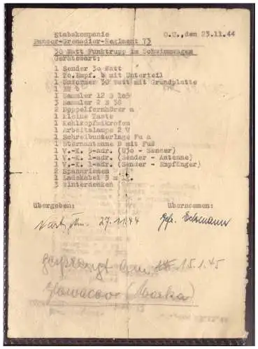Dt- Reich (020339) Material Schein Panzer-Grenadier Regiment 12, mit austragung gesprengt am 15.1.1945
