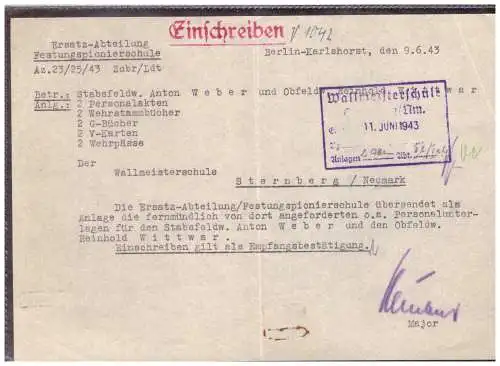 Dt- Reich (020340) Brief Ersatz- Abteilung Festungspionierschule nach Wallmeisterschule Sternberg vom 9.6.1943