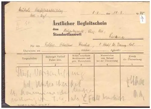 Dt- Reich (020342) Ärztlicher Begleitschein Kruegslazarett vom 10.3.1945!! recht spät