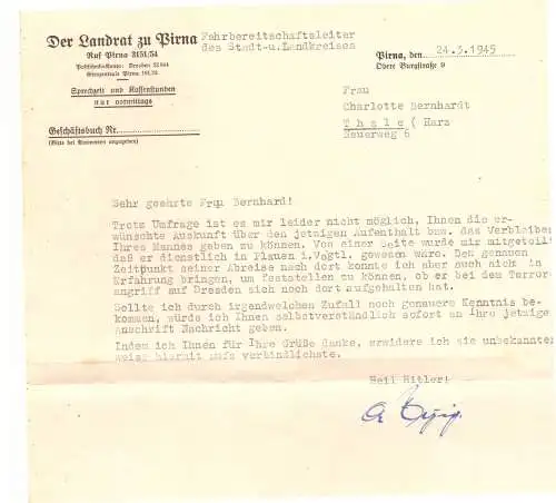 Dt- Reich (020343) Antwort auf Anfrage, Vorgedruckter Briefkopf, der Landrat zu Pirna vom 24.3.1945