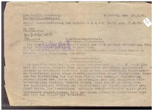 Dt- Reich (020344) Res.Lz III Nürnberg Entlassungsbefund vom 19.3.1945 