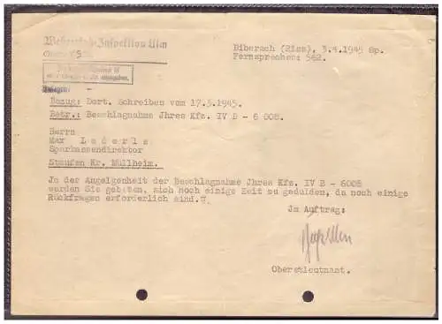 Dt- Reich (020346) Beschlagnahme KFZ Wehrersatz-Inspektion Ulm, Biberach  (Riss) am 3.4.1945