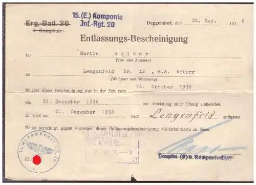 Dt- Reich (020347) Entlassungs- Bescheinigung, 15.Kompanie Inf.-Rgt.20, Übung vom 21.12.1936