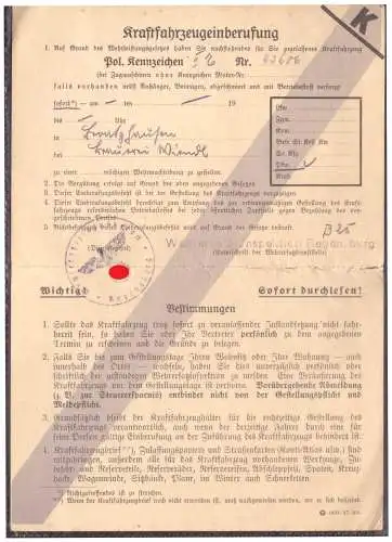 Dt- Reich (020359) Kraftfahrzeugeinberufung, Wehrersatz Inspektion Regensburg
