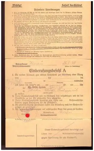 Dt- Reich (020361) Einberufungsbefehl A vom 26.8.1939 Wehrmeldeamt Hanau für KFZ!!