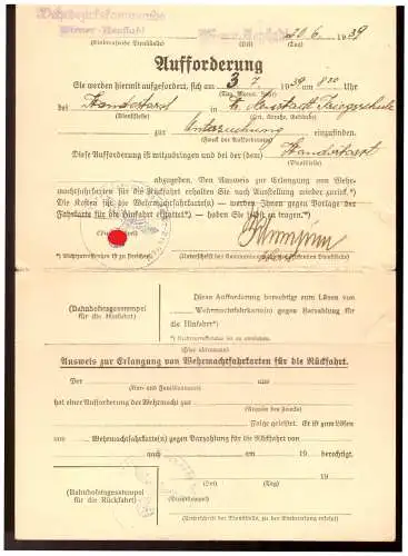 Dt- Reich (020362) Aufforderung zur Untersuchung Wiener- Neustadt Fliegerschule am 20.6.1939