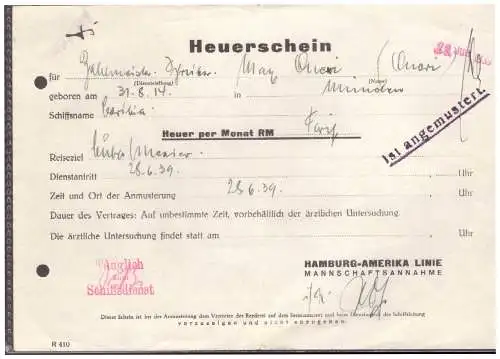 Dt- Reich (020364) Heuerschein Reederei Hamburg- Amerika Linie, Dienstantritt am 28.6.1939