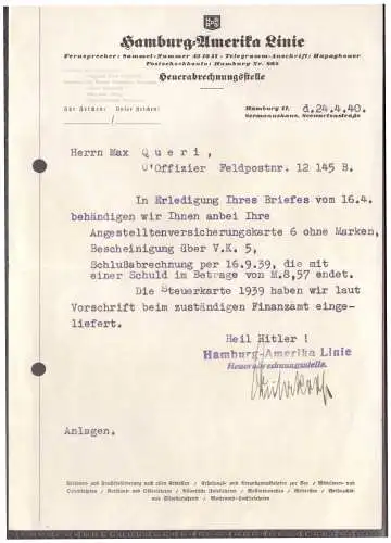 Dt- Reich (020365) Brief Vorgedruckter Briefkopf Reederei Hamburg- Amerika Linie, an FPNR 12145B