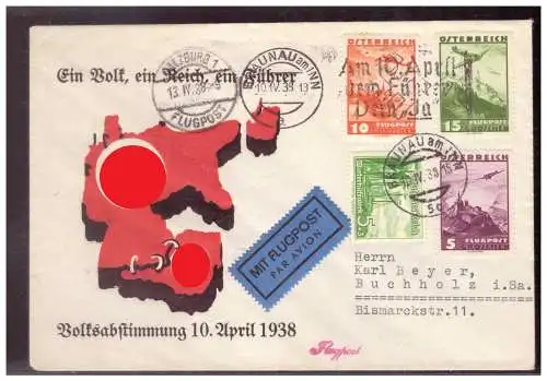[Propagandapostkarte] DT- Reich (020514) Propaganda Schmuckumschlag, Ein Reich Ein Volk Ein Führer, Volksabstimmung 10.4.1938, TST Braunau. 