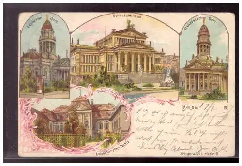 [Lithographie] AK Berlin (020581) Postkarte Litho, Mehrfelderkarte Deutscher Dom, Schauspielhaus, Französischer Dom, gel.18.1.1897. 