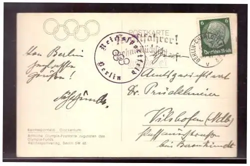 [Propagandapostkarte] Dt- Reich (020733) Propaganda AK Berlin Olympia 1936,Reichssportfeld, Glockenturm, gelaufen Berlin Charlottenburg. 