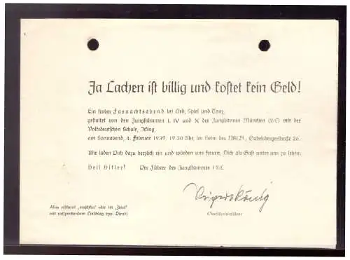 DT-Reich (020962) Propaganda Einladung Jungstamm zum Fasnachtsabend, Aktengelocht