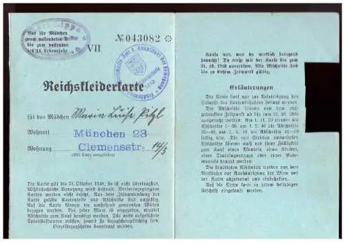 DT-Reich (020963) Propaganda Reichskleiderkarte bis Oktober 1940 München benützt