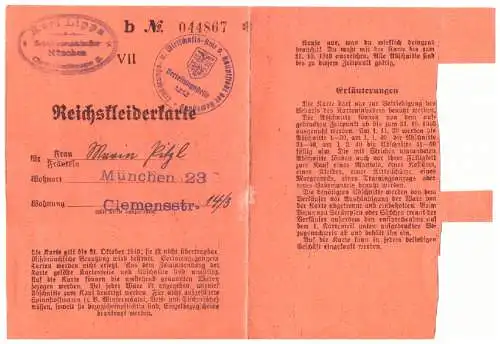 DT-Reich (020964) Propaganda Reichskleiderkarte bis Oktober 1940 München benützt
