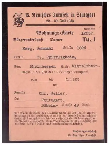[Ansichtskarte] Dt- Reich (021118) Propaganda Wohnungskarte Deutsches Turnfest 1933 in Stuttgart. 