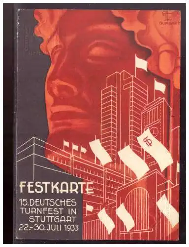 [Ansichtskarte] Dt- Reich (021119) Propaganda Festkarte 15. Deutsches Turnfest Stuttgart 1933, gebraucht mit Straßenbahn Aufkleber. 