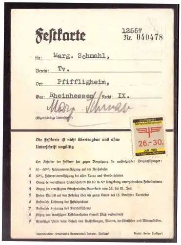 [Ansichtskarte] Dt- Reich (021119) Propaganda Festkarte 15. Deutsches Turnfest Stuttgart 1933, gebraucht mit Straßenbahn Aufkleber. 