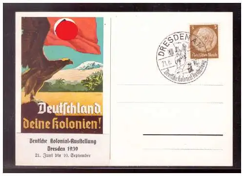 [Propagandapostkarte] DT- Reich (021325) Propagandakarte, Deutschland dein Kolonien! Ausstellung Dresden, blanco gestempelt SST Dresden. 