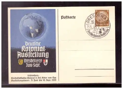 [Propagandapostkarte] DT- Reich (021326) Propagandakarte, Deutsche Kolonial Ausstellung, blanco gestempelt SST Dresden vom 21.6.1938. 