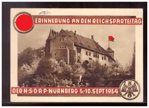 [Propagandapostkarte] Dt- Reich (021426) Propagandakarte Erinnerung an der Reichsparteitag der NSDAP in Nürnberg 5.-10.9.1934, gelaufen 5.9.34. 