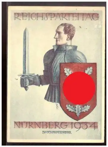 [Propagandapostkarte] DT- Reich (021466) Propagandakarte Reichsparteitag Nürnberg 1934, gelaufen mit Tagesstempel und Werbestempel. 
