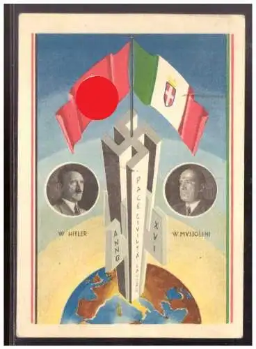 [Propagandapostkarte] DT- Reich (021472) Propagandakarte Hitler, Mussolinimit diversen SST zum Staatsbesuchs Hitlers in Italien 3.-9.5.1938. 