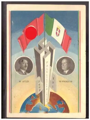 [Propagandapostkarte] DT- Reich (021473) Propagandakarte Hitler, Mussolinimit diversen SST zum Staatsbesuchs Hitlers in Italien 3.-9.5.1938. 