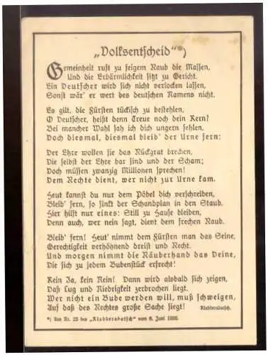 [Propagandapostkarte] Dt.- Reich (021519) Propagandakarte  Volksentscheid  6.6.1923, ungebraucht. 