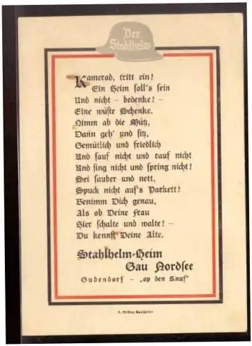 [Propagandapostkarte] Dt- Reich (021525) Propaganda Spruchkarte Der Sthlhelm, Stahlhelm- Heim Gau Nordsee, ungebraucht. 