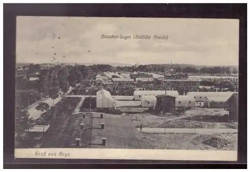 [Propagandapostkarte] DT-Reich (021625) Propaganda Gruss aus Arys, Baracken- Lager, Südansicht, gelaufen 27.5.1910. 