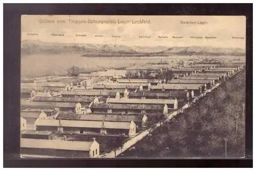 [Propagandapostkarte] DT-Reich (021649) Propaganda Gruß vom Truppen- Übungsplatz Lager Lechfeld, Baracken - Lager, gelaufen 17.2.1915. 