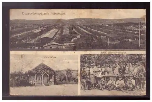 [Propagandapostkarte] DT-Reich (021687) Propaganda Postkarte, Truppenübungsplatz Münsingen Mehrfelderkarte, gelaufen mit Weiterleitung. 