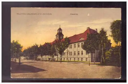 [Propagandapostkarte] DT-Reich (021699) Propaganda AK, Truppen- Übungsplatz Zeithain, Kaserne, gelaufen 13.2.1915. 