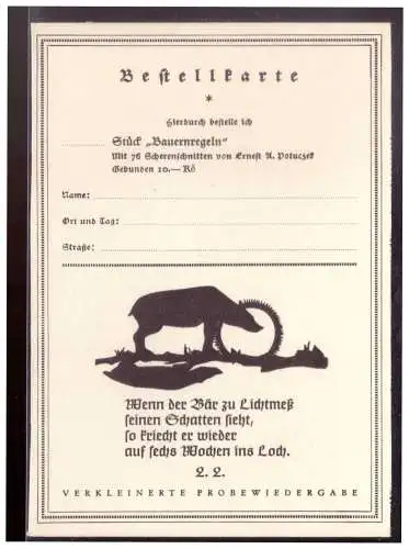 [Werbepostkarte] DT-Reich (021724) Scherenschnittkartte , Bestellkarte Bauernregeln, Vorgedruckt ungebraucht, Buchhandlung Winiter Brünn. 